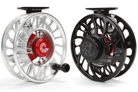 Side view silver and black Nautilus fly reel